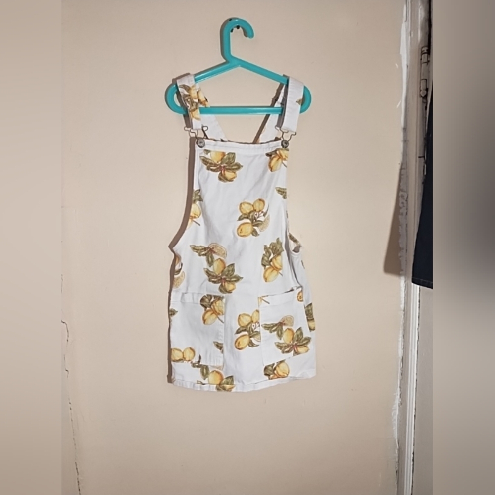 Forever 21 White Lemon Print Overall Dress Size Small